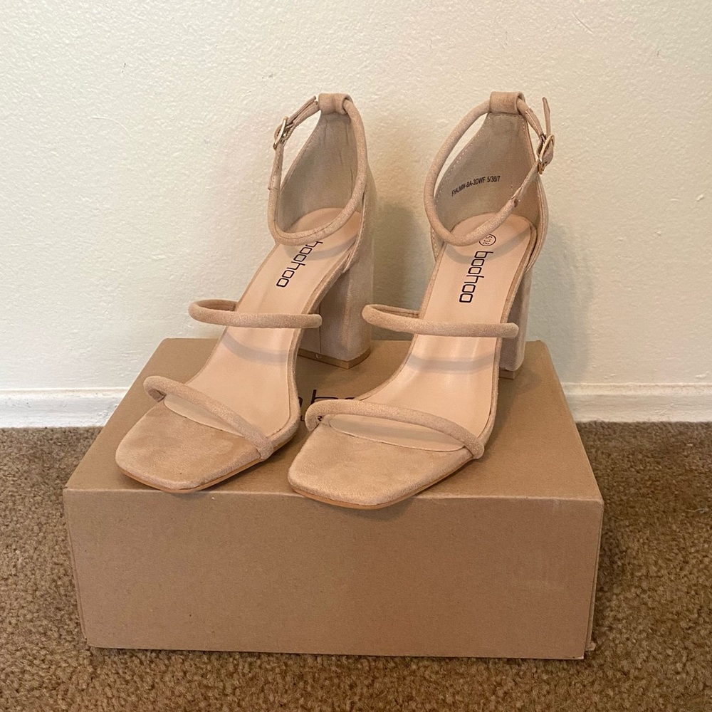 Boohoo Nude Suede Block Heel